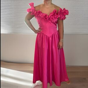True Vintage 1980's Pink Ruffle Ball Gown Princess Neckline Off The Shoulder 12